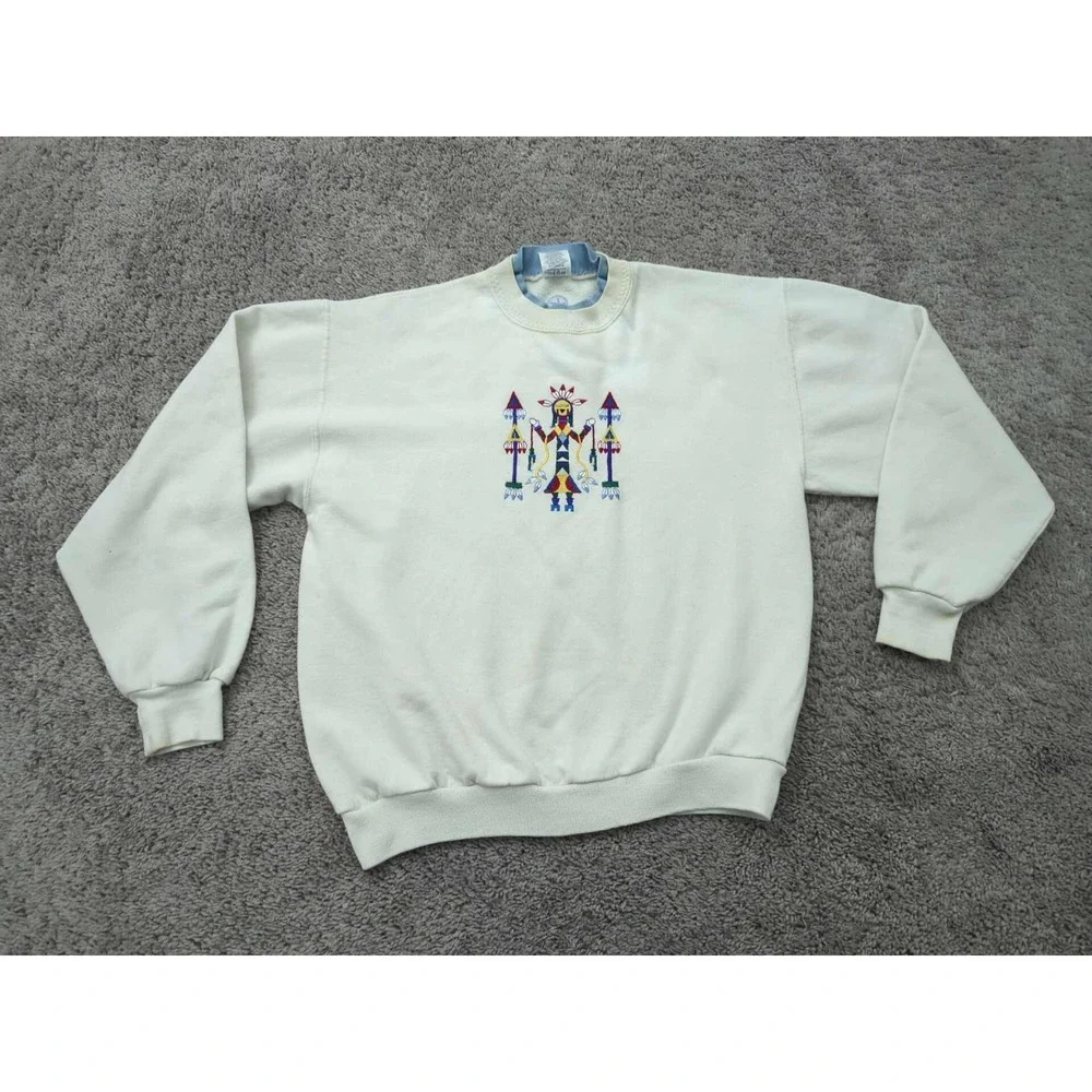 Vintage Navajo Yei Pullover Sweatshirt Mens Medium Long Sleeve‎ Jerzees White